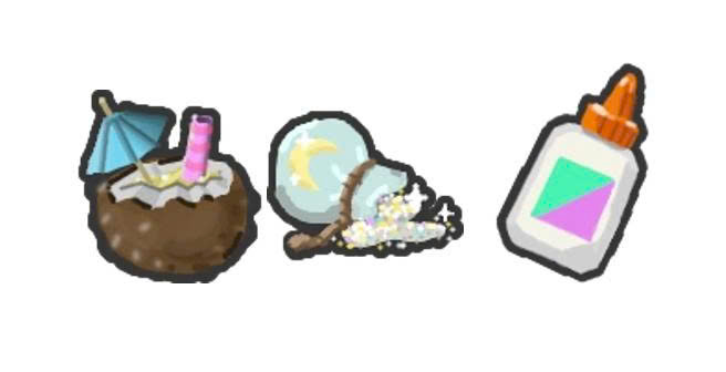 Treo 10 cái Glitter/Glue/Tropical Drink (Ghi item muốn cày vào ô ghi chú)